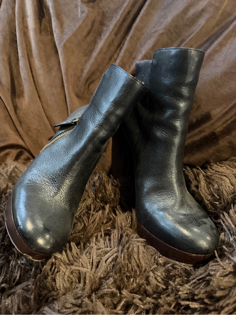 Coach Black Leather Platform Ankle Booties with Side Zip Detail